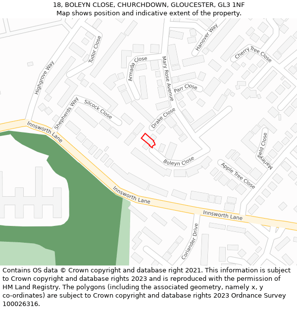 18, BOLEYN CLOSE, CHURCHDOWN, GLOUCESTER, GL3 1NF: Location map and indicative extent of plot