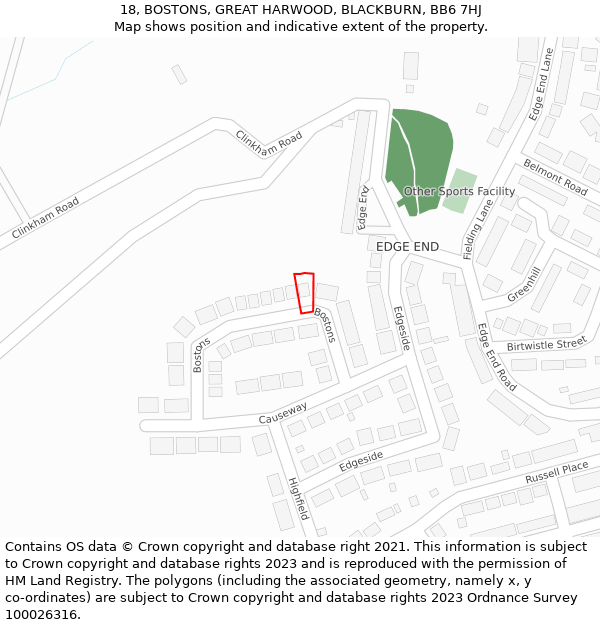 18, BOSTONS, GREAT HARWOOD, BLACKBURN, BB6 7HJ: Location map and indicative extent of plot