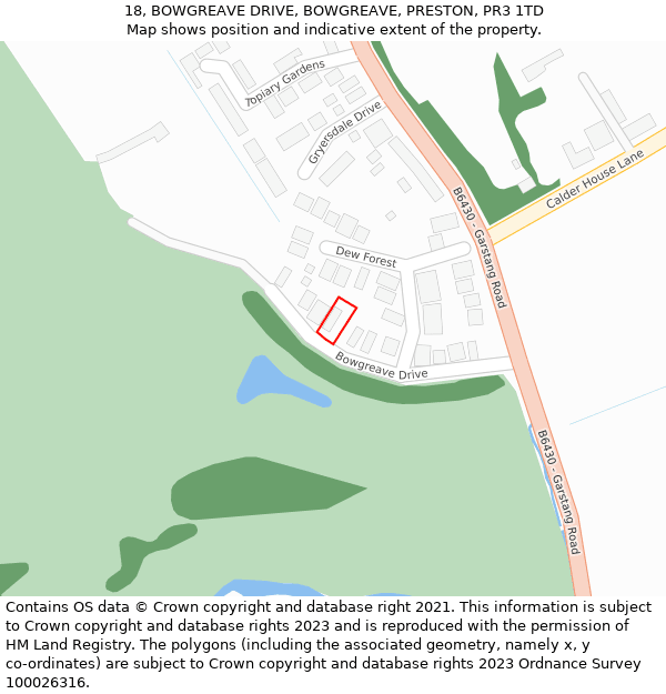 18, BOWGREAVE DRIVE, BOWGREAVE, PRESTON, PR3 1TD: Location map and indicative extent of plot