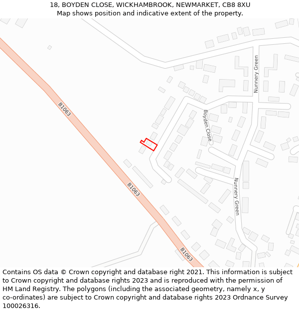 18, BOYDEN CLOSE, WICKHAMBROOK, NEWMARKET, CB8 8XU: Location map and indicative extent of plot