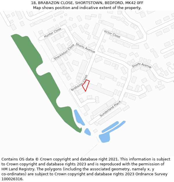 18, BRABAZON CLOSE, SHORTSTOWN, BEDFORD, MK42 0FF: Location map and indicative extent of plot