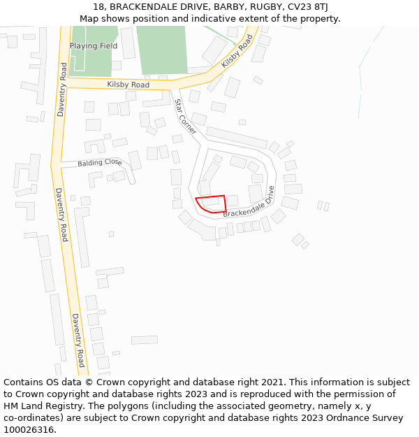 18, BRACKENDALE DRIVE, BARBY, RUGBY, CV23 8TJ: Location map and indicative extent of plot