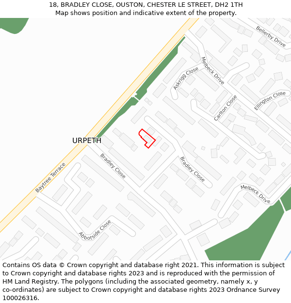 18, BRADLEY CLOSE, OUSTON, CHESTER LE STREET, DH2 1TH: Location map and indicative extent of plot