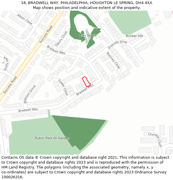 18, BRADWELL WAY, PHILADELPHIA, HOUGHTON LE SPRING, DH4 4XA: Location map and indicative extent of plot