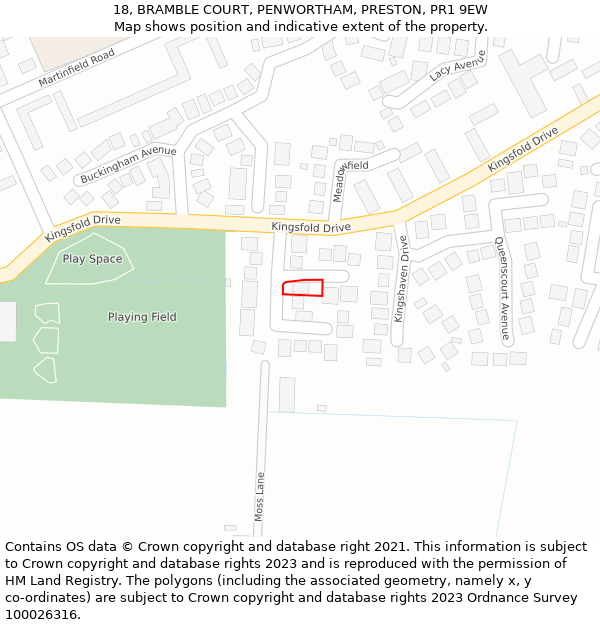 18, BRAMBLE COURT, PENWORTHAM, PRESTON, PR1 9EW: Location map and indicative extent of plot