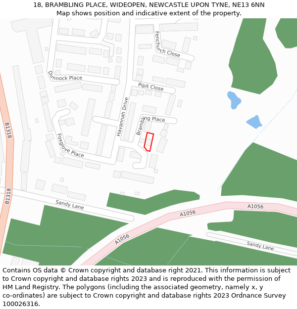 18, BRAMBLING PLACE, WIDEOPEN, NEWCASTLE UPON TYNE, NE13 6NN: Location map and indicative extent of plot