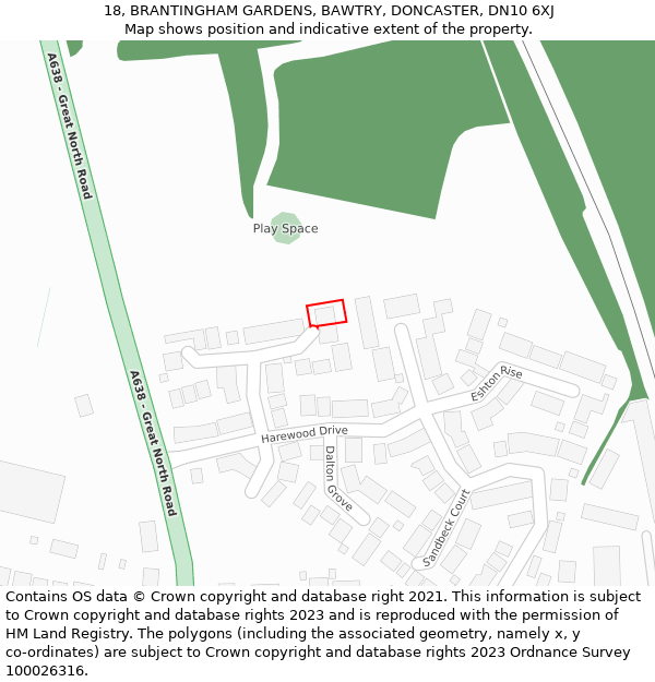 18, BRANTINGHAM GARDENS, BAWTRY, DONCASTER, DN10 6XJ: Location map and indicative extent of plot