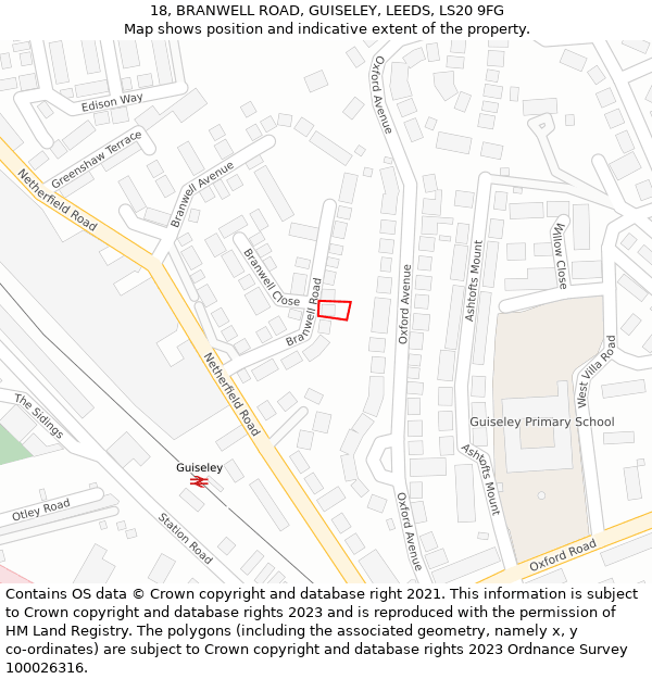 18, BRANWELL ROAD, GUISELEY, LEEDS, LS20 9FG: Location map and indicative extent of plot