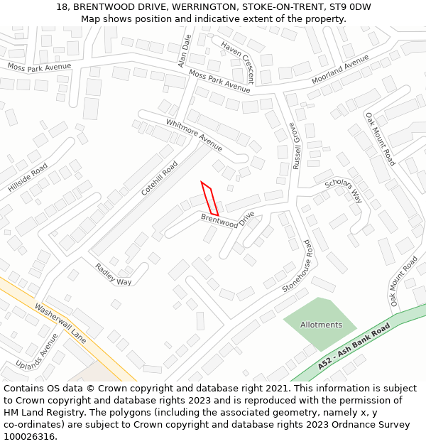 18, BRENTWOOD DRIVE, WERRINGTON, STOKE-ON-TRENT, ST9 0DW: Location map and indicative extent of plot