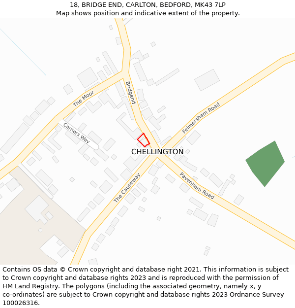 18, BRIDGE END, CARLTON, BEDFORD, MK43 7LP: Location map and indicative extent of plot
