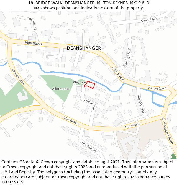 18, BRIDGE WALK, DEANSHANGER, MILTON KEYNES, MK19 6LD: Location map and indicative extent of plot