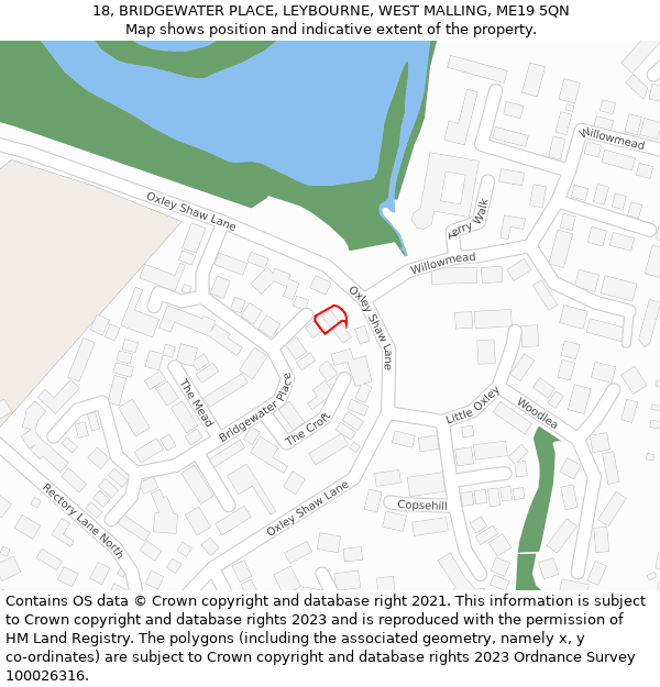 18, BRIDGEWATER PLACE, LEYBOURNE, WEST MALLING, ME19 5QN: Location map and indicative extent of plot