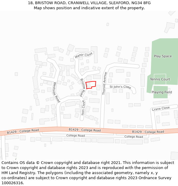 18, BRISTOW ROAD, CRANWELL VILLAGE, SLEAFORD, NG34 8FG: Location map and indicative extent of plot