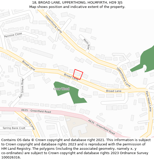 18, BROAD LANE, UPPERTHONG, HOLMFIRTH, HD9 3JS: Location map and indicative extent of plot