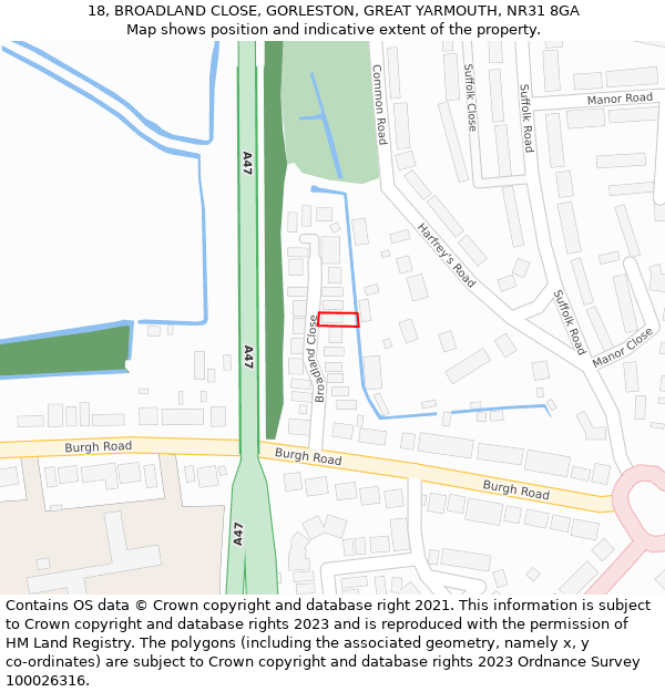 18, BROADLAND CLOSE, GORLESTON, GREAT YARMOUTH, NR31 8GA: Location map and indicative extent of plot