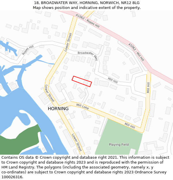 18, BROADWATER WAY, HORNING, NORWICH, NR12 8LG: Location map and indicative extent of plot