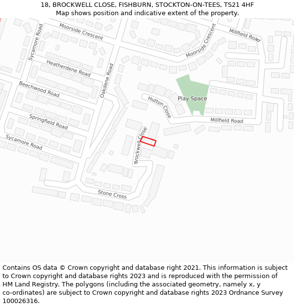 18, BROCKWELL CLOSE, FISHBURN, STOCKTON-ON-TEES, TS21 4HF: Location map and indicative extent of plot