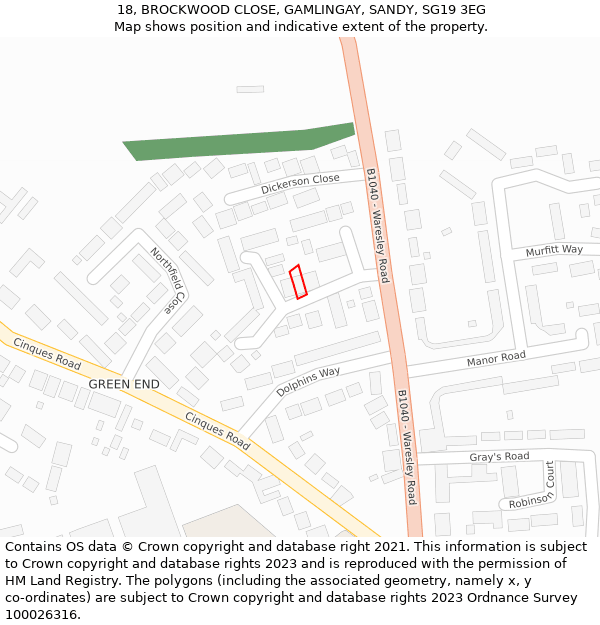 18, BROCKWOOD CLOSE, GAMLINGAY, SANDY, SG19 3EG: Location map and indicative extent of plot