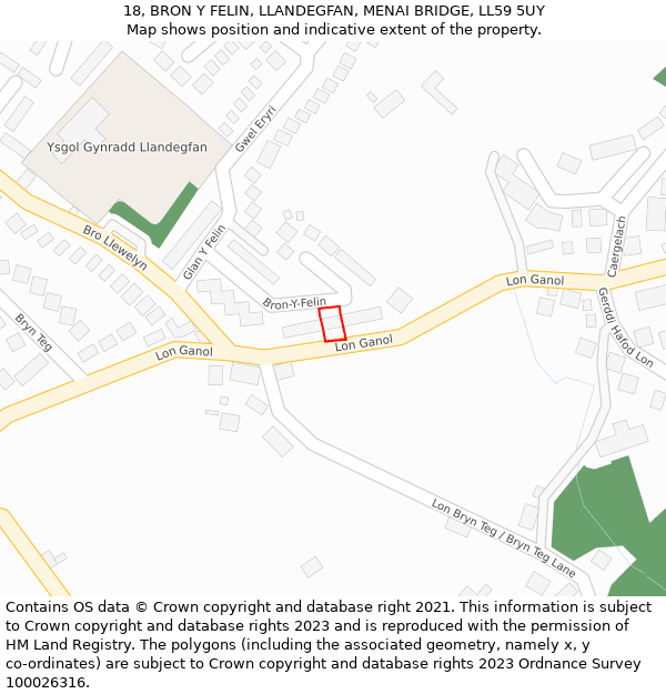 18, BRON Y FELIN, LLANDEGFAN, MENAI BRIDGE, LL59 5UY: Location map and indicative extent of plot