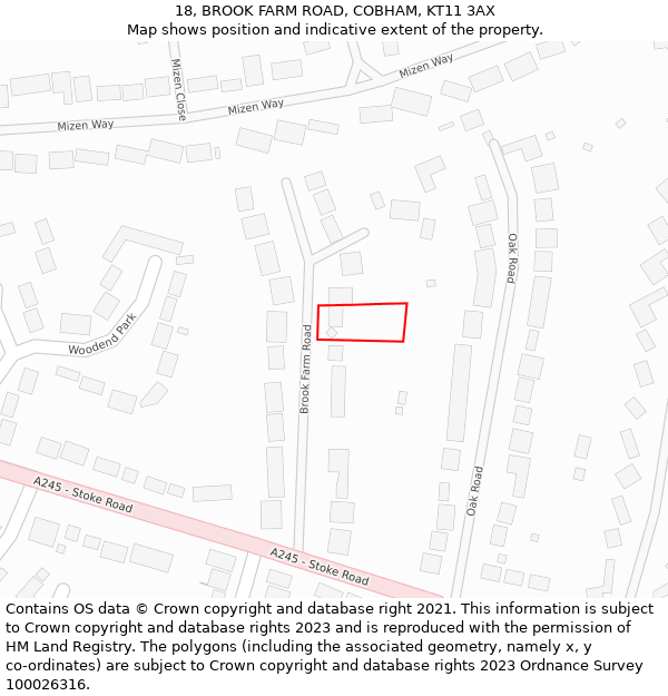 18, BROOK FARM ROAD, COBHAM, KT11 3AX: Location map and indicative extent of plot