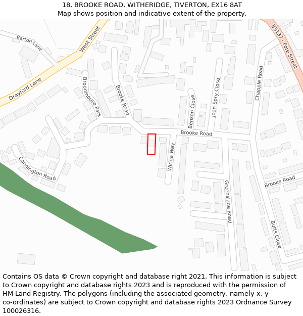 18, BROOKE ROAD, WITHERIDGE, TIVERTON, EX16 8AT: Location map and indicative extent of plot