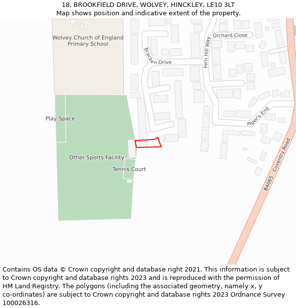 18, BROOKFIELD DRIVE, WOLVEY, HINCKLEY, LE10 3LT: Location map and indicative extent of plot