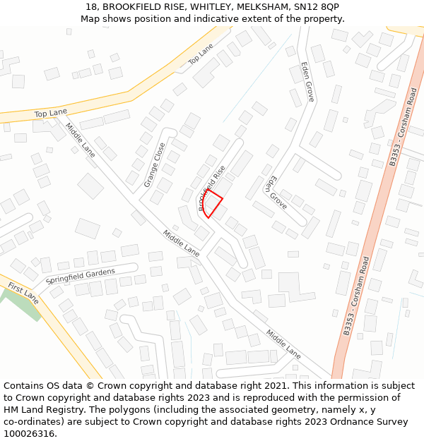 18, BROOKFIELD RISE, WHITLEY, MELKSHAM, SN12 8QP: Location map and indicative extent of plot