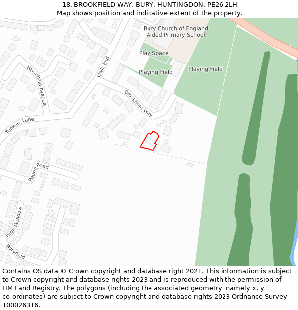 18, BROOKFIELD WAY, BURY, HUNTINGDON, PE26 2LH: Location map and indicative extent of plot