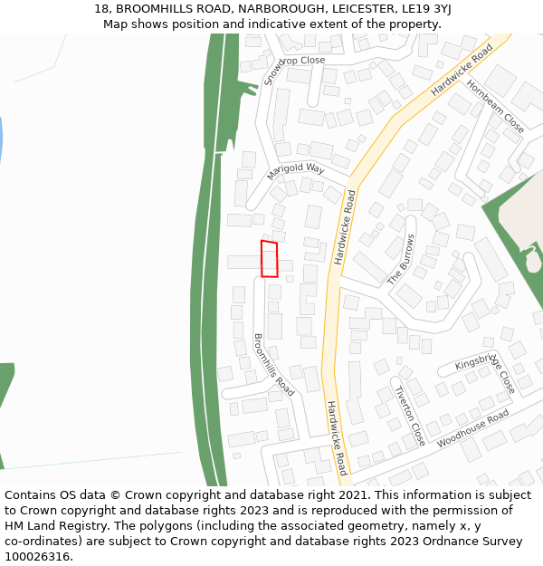 18, BROOMHILLS ROAD, NARBOROUGH, LEICESTER, LE19 3YJ: Location map and indicative extent of plot