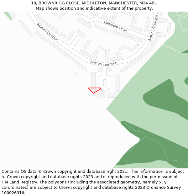 18, BROWNRIGG CLOSE, MIDDLETON, MANCHESTER, M24 4BU: Location map and indicative extent of plot