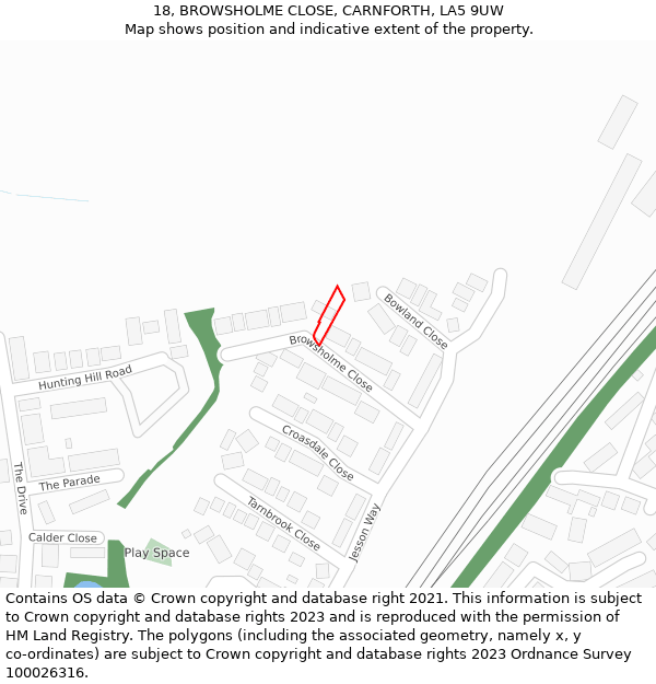 18, BROWSHOLME CLOSE, CARNFORTH, LA5 9UW: Location map and indicative extent of plot