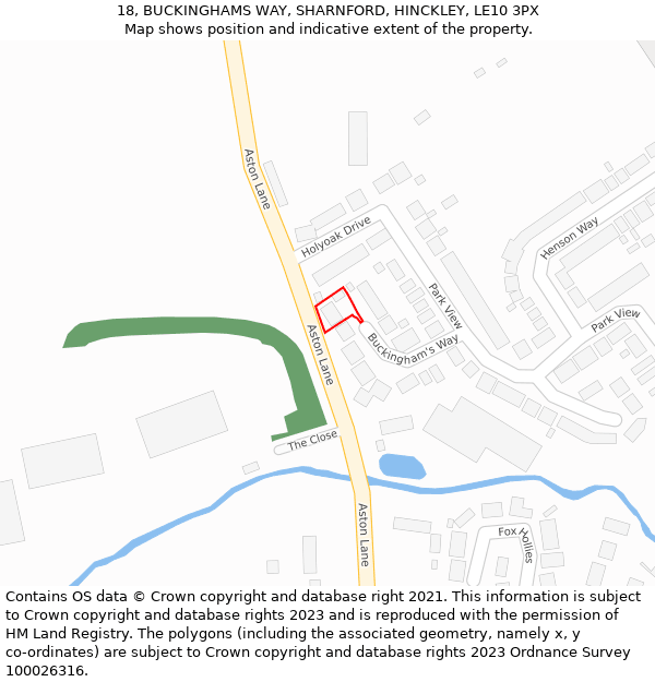 18, BUCKINGHAMS WAY, SHARNFORD, HINCKLEY, LE10 3PX: Location map and indicative extent of plot