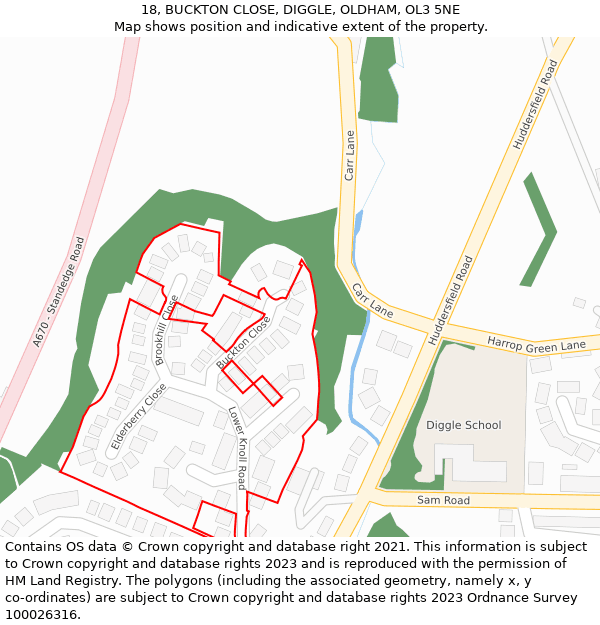 18, BUCKTON CLOSE, DIGGLE, OLDHAM, OL3 5NE: Location map and indicative extent of plot