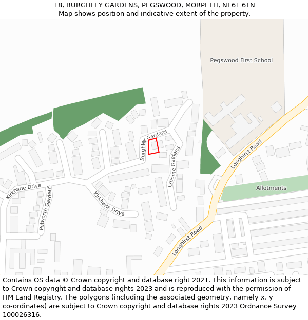 18, BURGHLEY GARDENS, PEGSWOOD, MORPETH, NE61 6TN: Location map and indicative extent of plot