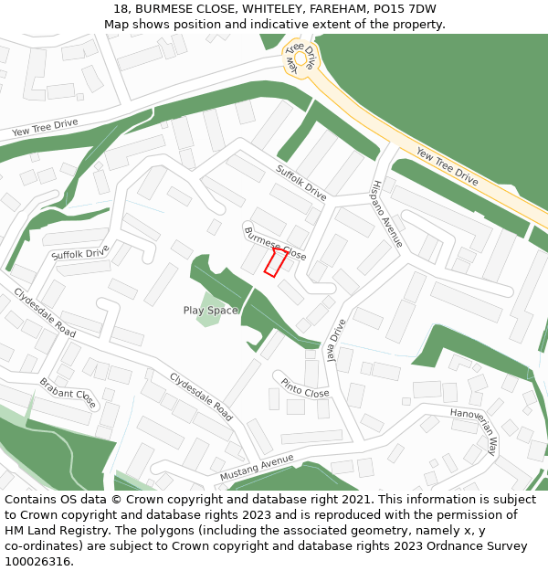 18, BURMESE CLOSE, WHITELEY, FAREHAM, PO15 7DW: Location map and indicative extent of plot