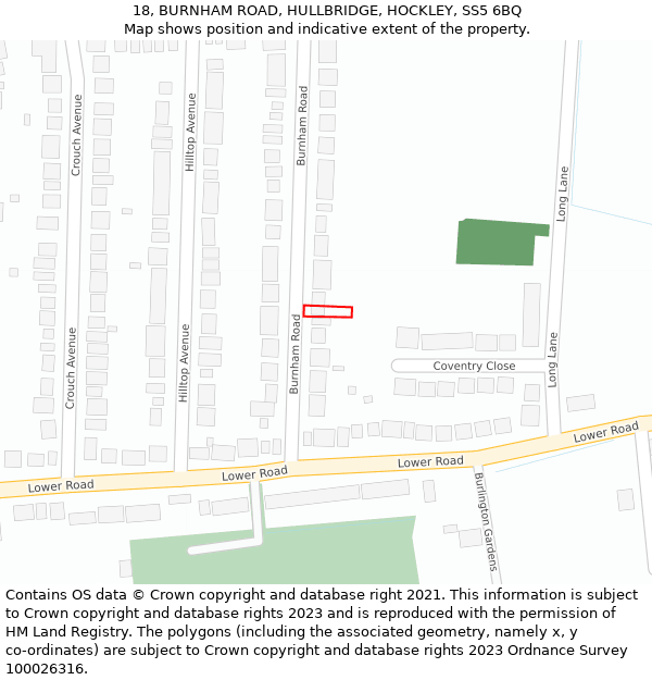 18, BURNHAM ROAD, HULLBRIDGE, HOCKLEY, SS5 6BQ: Location map and indicative extent of plot