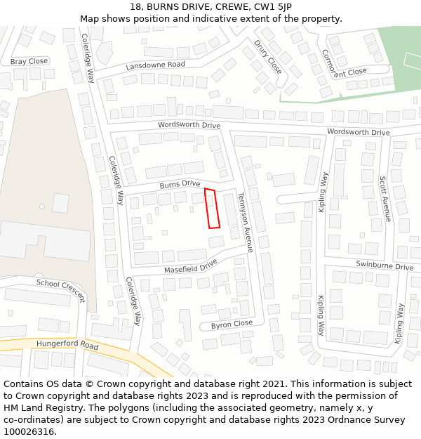 18, BURNS DRIVE, CREWE, CW1 5JP: Location map and indicative extent of plot