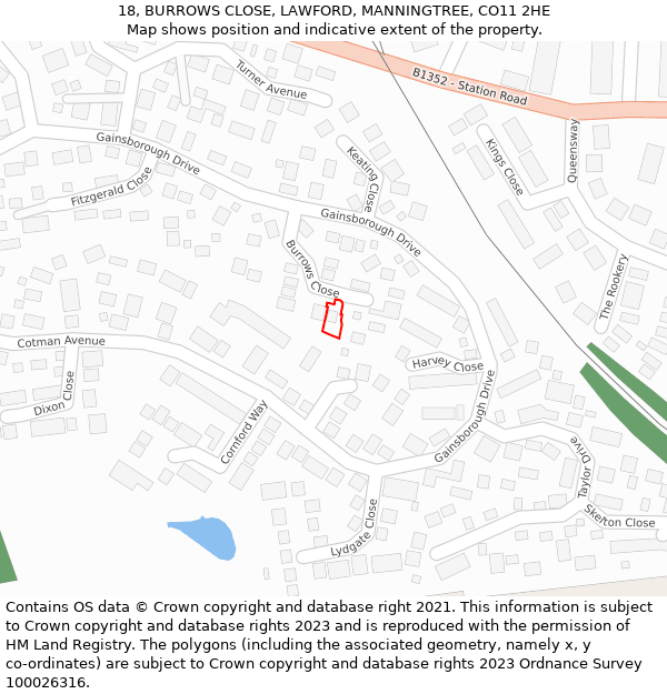 18, BURROWS CLOSE, LAWFORD, MANNINGTREE, CO11 2HE: Location map and indicative extent of plot