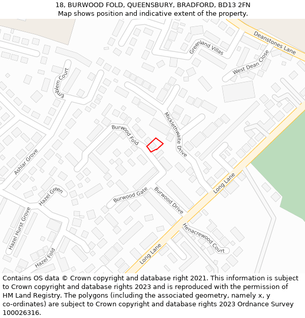 18, BURWOOD FOLD, QUEENSBURY, BRADFORD, BD13 2FN: Location map and indicative extent of plot