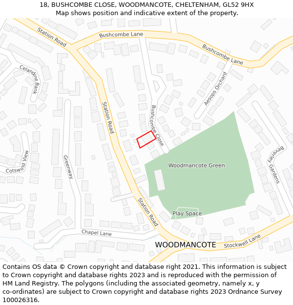 18, BUSHCOMBE CLOSE, WOODMANCOTE, CHELTENHAM, GL52 9HX: Location map and indicative extent of plot