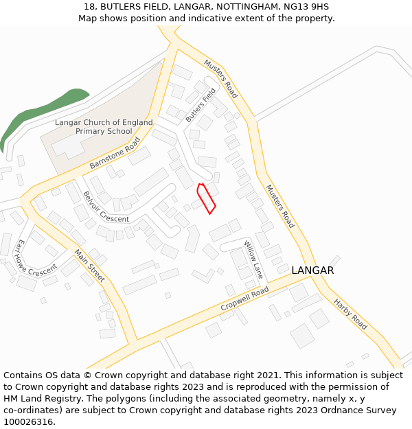 18, BUTLERS FIELD, LANGAR, NOTTINGHAM, NG13 9HS: Location map and indicative extent of plot