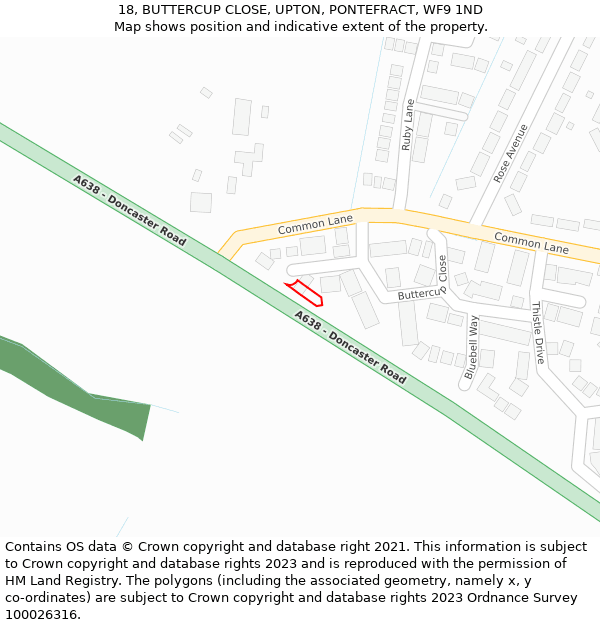 18, BUTTERCUP CLOSE, UPTON, PONTEFRACT, WF9 1ND: Location map and indicative extent of plot