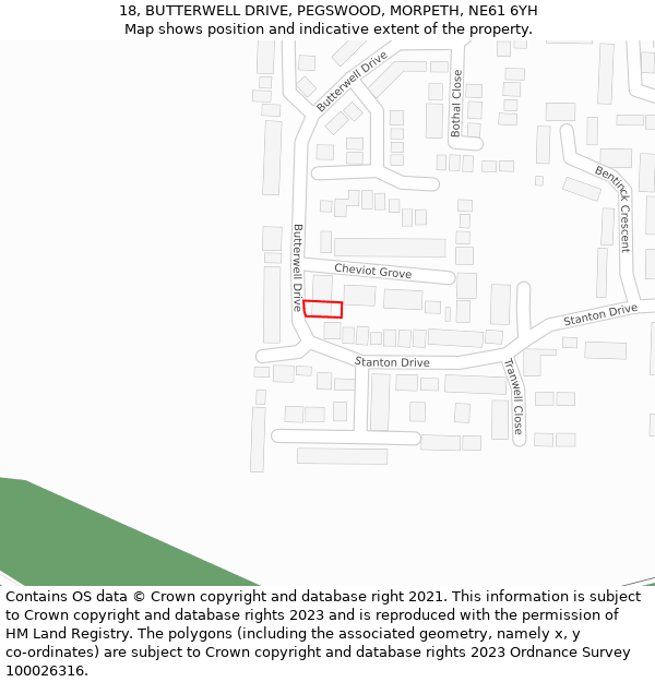 18, BUTTERWELL DRIVE, PEGSWOOD, MORPETH, NE61 6YH: Location map and indicative extent of plot