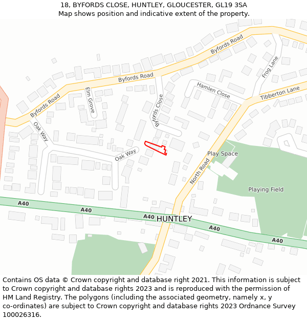 18, BYFORDS CLOSE, HUNTLEY, GLOUCESTER, GL19 3SA: Location map and indicative extent of plot