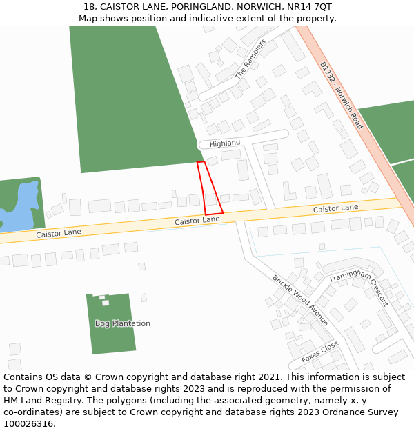 18, CAISTOR LANE, PORINGLAND, NORWICH, NR14 7QT: Location map and indicative extent of plot