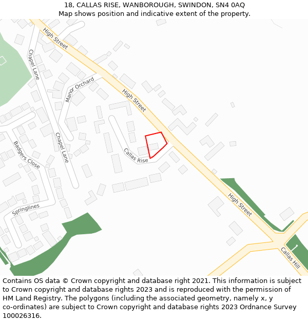 18, CALLAS RISE, WANBOROUGH, SWINDON, SN4 0AQ: Location map and indicative extent of plot