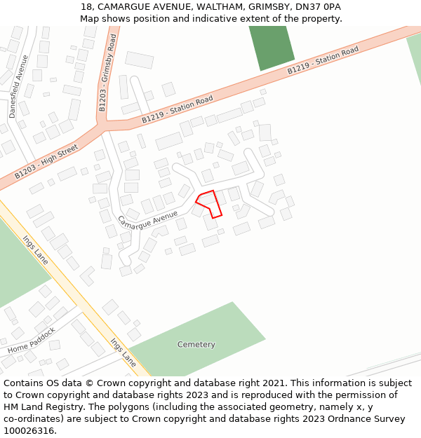 18, CAMARGUE AVENUE, WALTHAM, GRIMSBY, DN37 0PA: Location map and indicative extent of plot