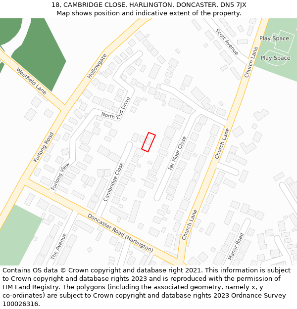 18, CAMBRIDGE CLOSE, HARLINGTON, DONCASTER, DN5 7JX: Location map and indicative extent of plot