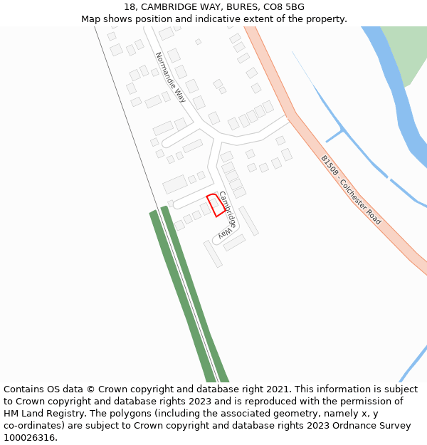 18, CAMBRIDGE WAY, BURES, CO8 5BG: Location map and indicative extent of plot