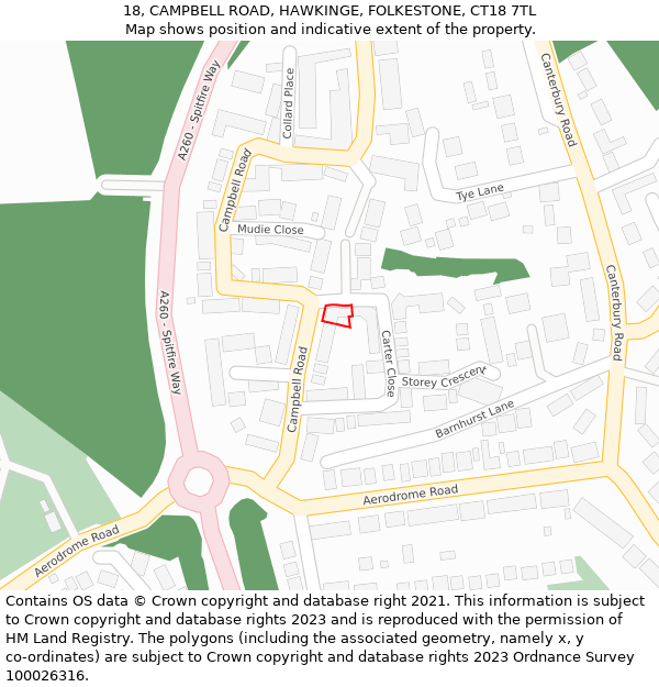 18, CAMPBELL ROAD, HAWKINGE, FOLKESTONE, CT18 7TL: Location map and indicative extent of plot